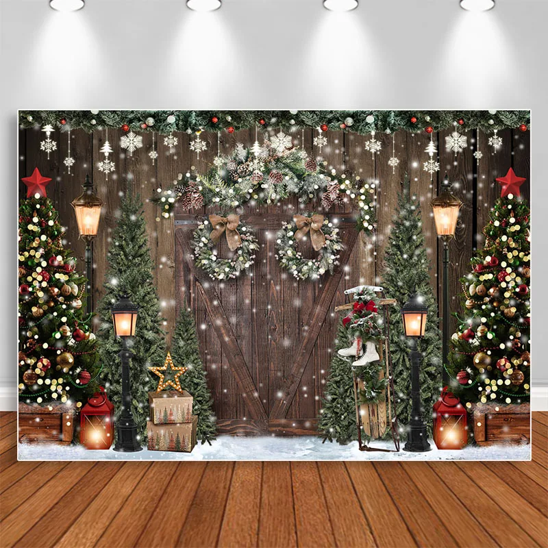 Fondo de fotografía de Navidad Retro, puerta de madera, árbol de Navidad, sesión de fotos, retrato familiar para niños, utilería para cabina de estudio