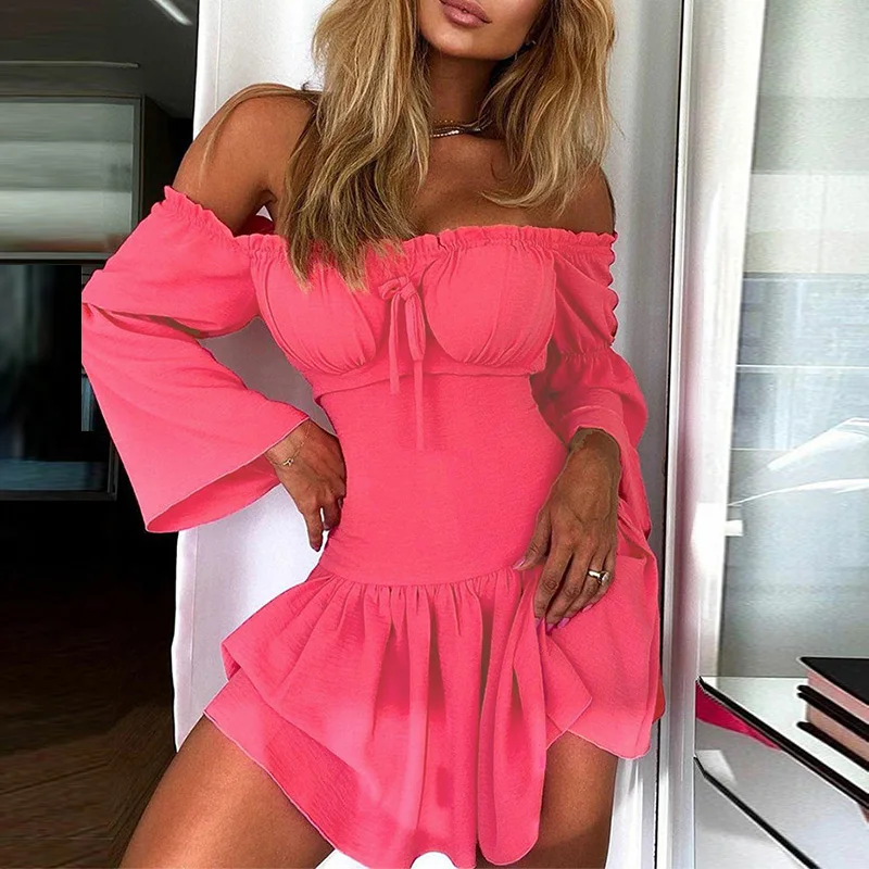 

Sexy Frill Hem Off Shoulder Slash Neck Long Sleeve Mini Dress Women dresses for women summer dress