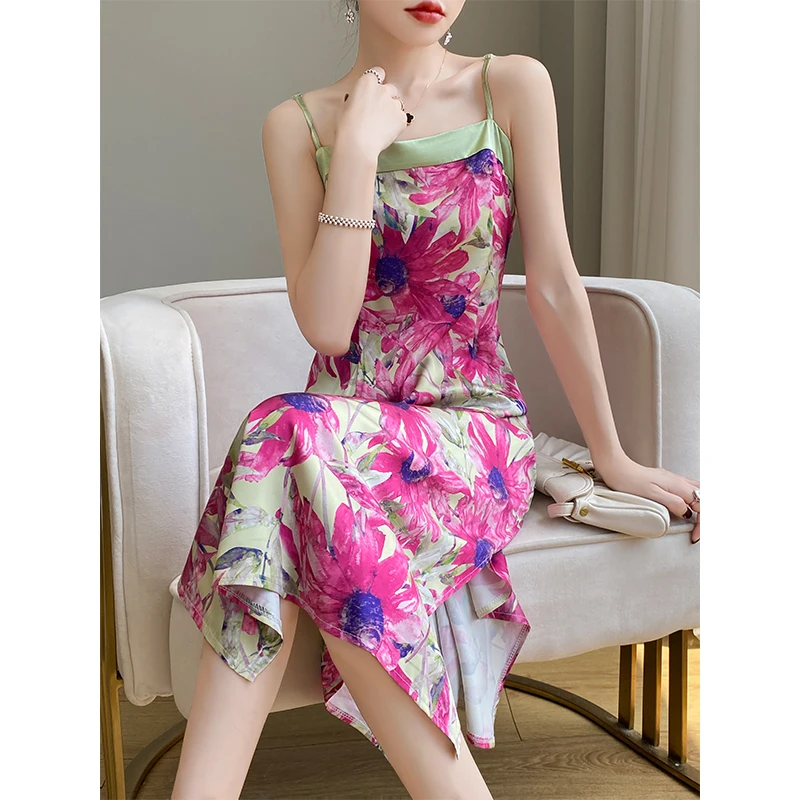 

Summer New Long Dress With Silk Satin Face New Chinese Floral Splicing Contrast Slim-fit Strap Dress With Off-Back And HighWaist