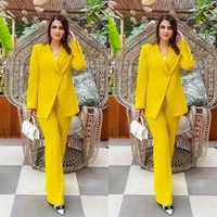 elegant yellow women suits blazer pant set one button peaked lapel long sleeve jacketflare trousers 2 piece girl evening wear