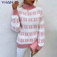christmas trending sweater european and american women knitted clothing half high neck snowflake ladies sweater blouse