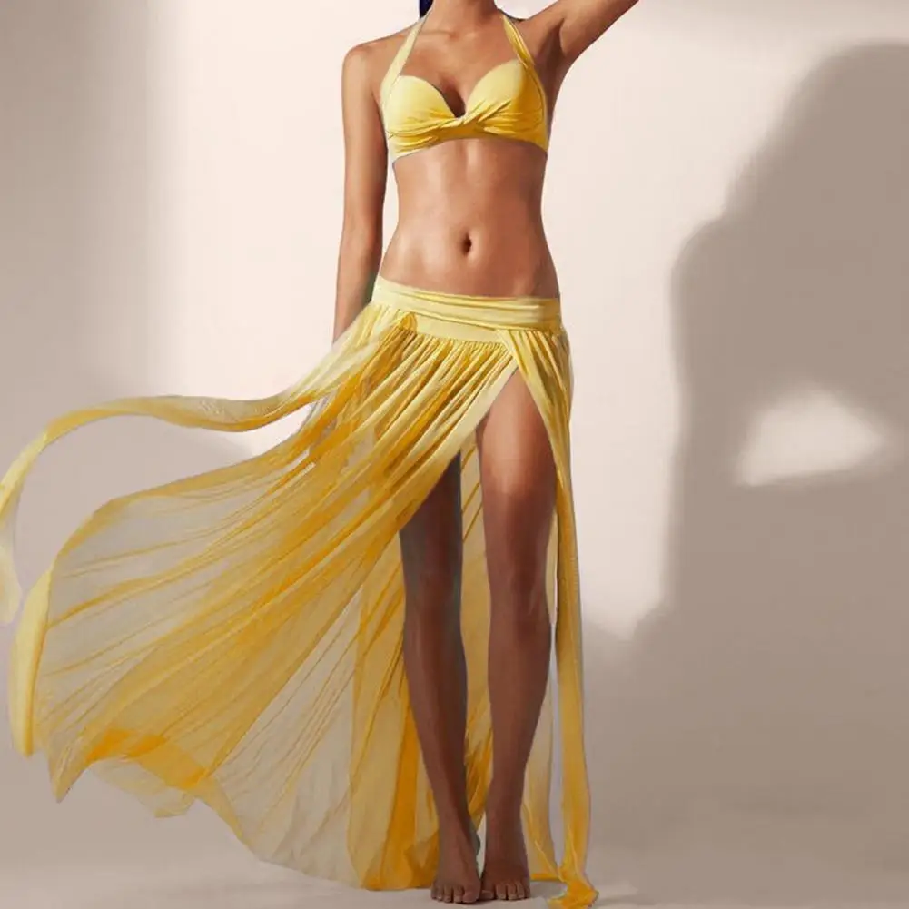 

2022 New Women Swimwear Bikini/Bikinis Set Cover Up Solid Color Stretchy Net Yarn Semi-Sheer Slit Cover Up Skirt for Vacation
