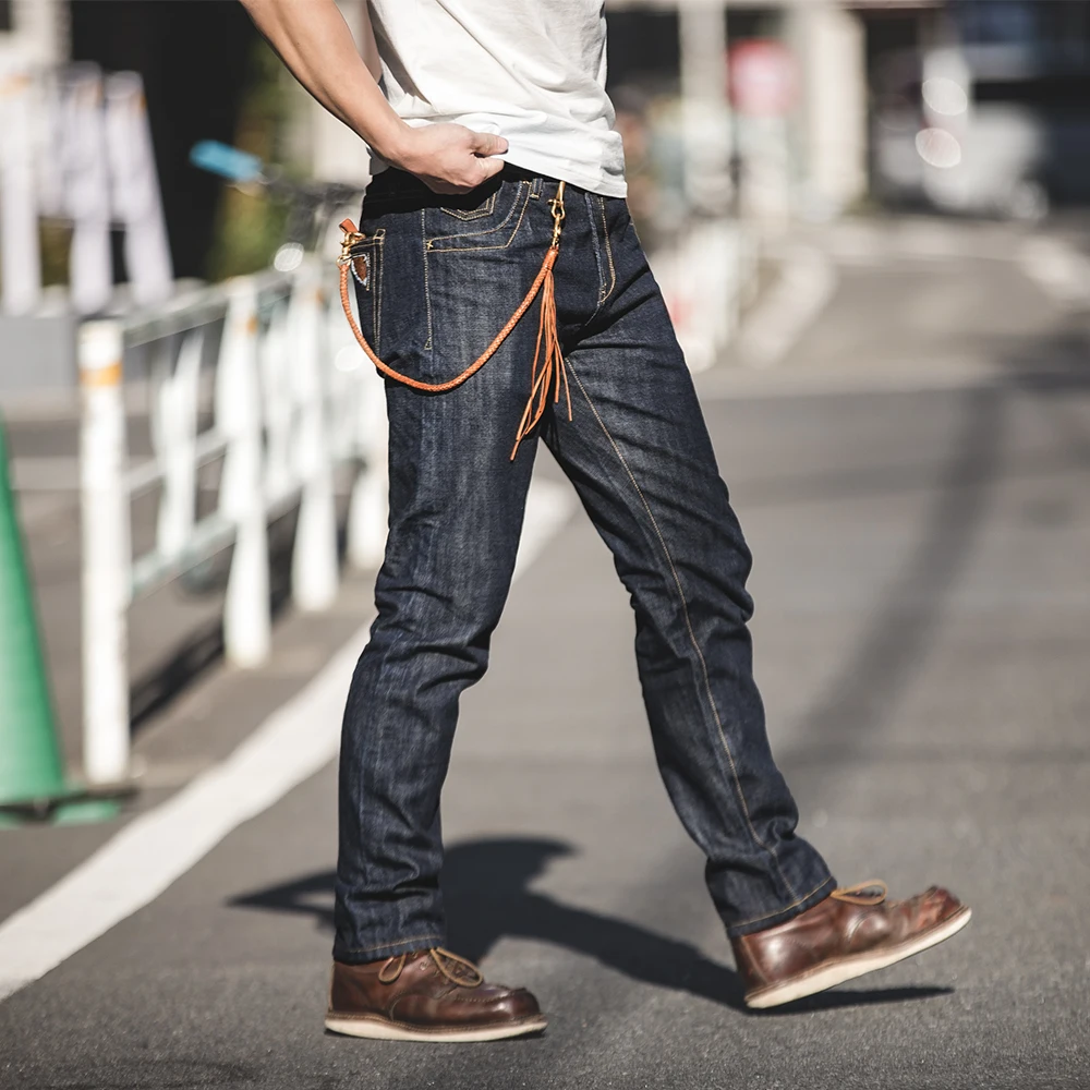 Винтажные тяжелые мужские джинсы Maden эластичные прямые брюки из денима с красной