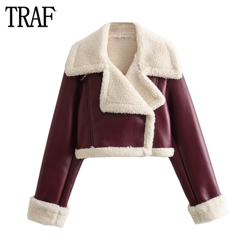 

TRAF 2023 Faux Leather Jacket Woman Plush Oversized Jackets for Women Coats Fall Zip Cropped Jacket Women Long Sleeve Outerwear