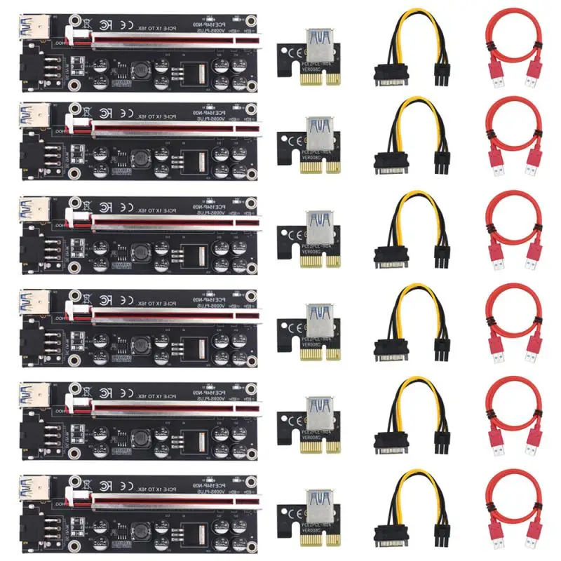 

6 шт., Райзер-карта VER009S PCI-E, 009S Plus PCIE 1X до 16X, удлинитель, 6-контактный разъем питания, 0,6 м, USB 3,0, кабель для адаптера видеокарты