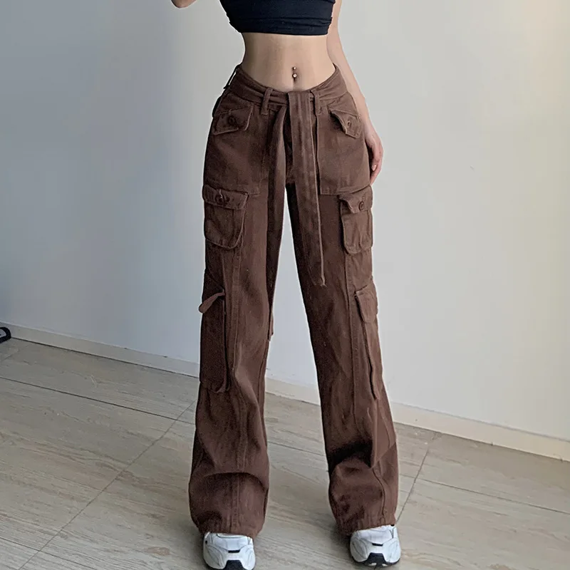 

Pants Couples Harajpoo Bandage Solid Pockets Streetwear Harajuku Summer Loose Straight High Waist Wide Leg Casual Trousers