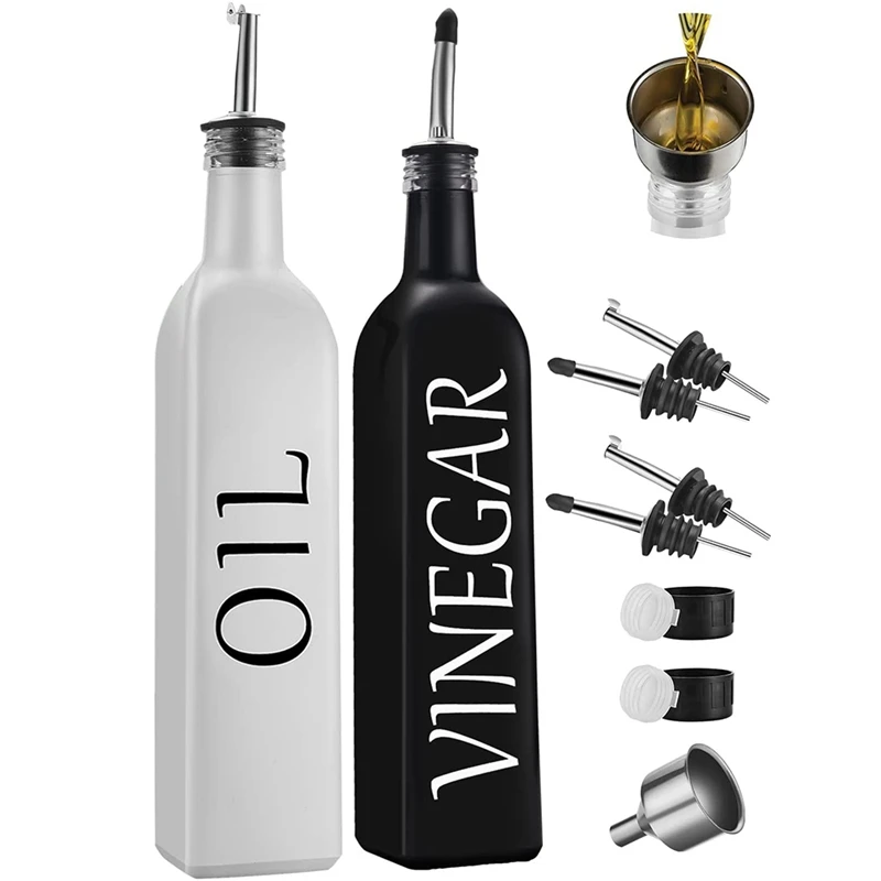 

White and Black Vinegar Bottles with Stainless Steel Pouring Nozzles Cute Farmhouse Kitchen Glass Set