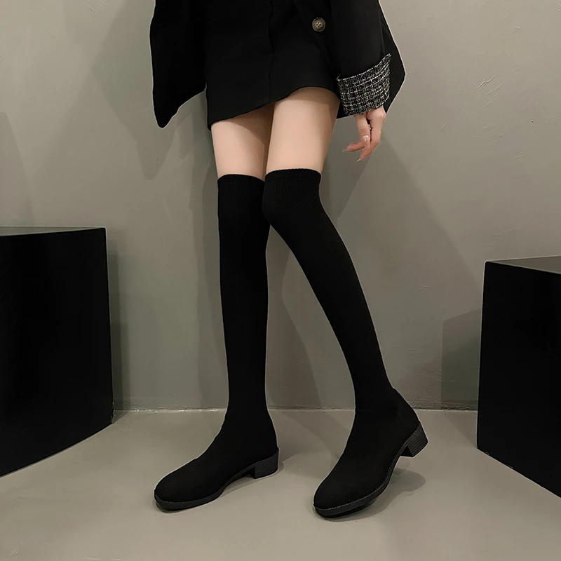 

Women's Shoes 2023 Fashion Sleeve Women's Boots Autumn Square Toe Solid Knee-high Boots Low Heel Sock Boots Zapatos De Mujer