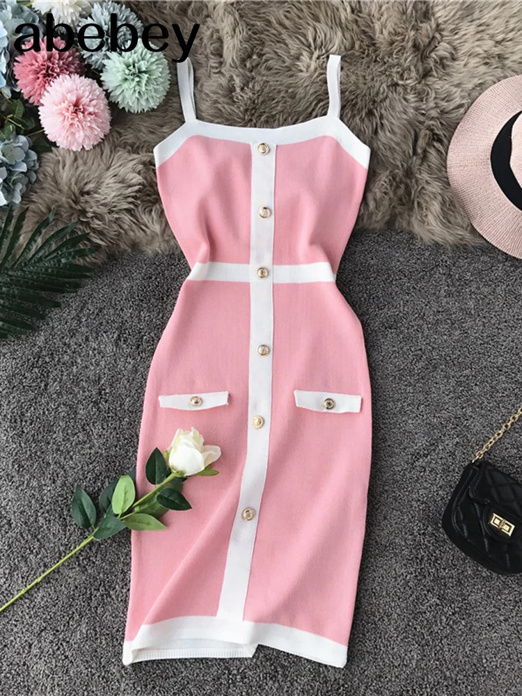 

Block Color Striped Tight Stretchy Knit Tank Dress Single Breasted Buttons Ladies Party Sexy Body-con Step Knit Dress