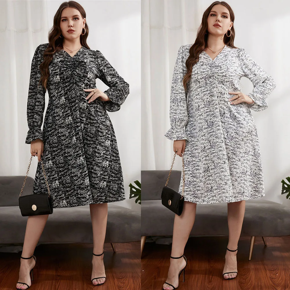 

Plus Size V Neck Elegant A-Line Dress Women Spring Fall Long Sleeve Print Midi Dresses 4xl 5xl Casual Ladies 2022 New Fashion