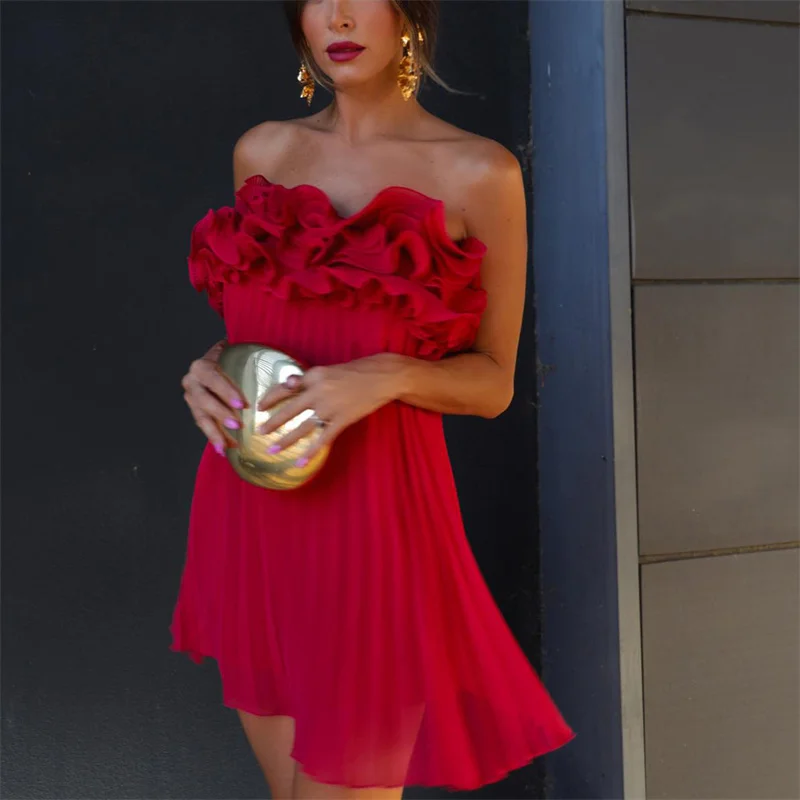 

Woman Elegant Red Slim Strapless Mini Dress 2023 Summer Female Fashion Ruffles Party Short Dresses High Waisted Pleated Dress