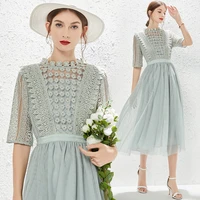 2022 hollow out lace women summer dresses stitching mesh large swing long shirt vestido half sleeve bow sweet green midi dresses