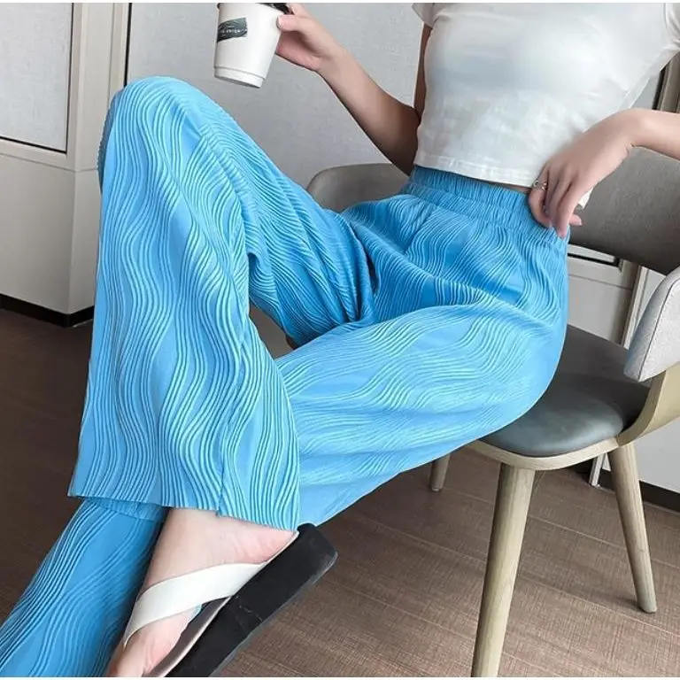 

Casual Ripple Thin Waist Summer Leg Loose 2022 Water Streetwear Women Women's Drape High Trousers Wide Pants