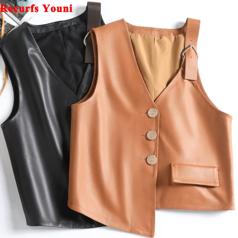 

Women Casual Leather Vest 2023 Spring Female High Quality Slim Strap Asymmetry Sleeveless V-Neck Coat Black Chalecos De Mujer