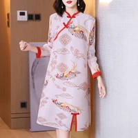 elegant dresses for women 45 75kg 2022 spring autumn stand collar loose stretch miyake pleated print vintage dress knee length