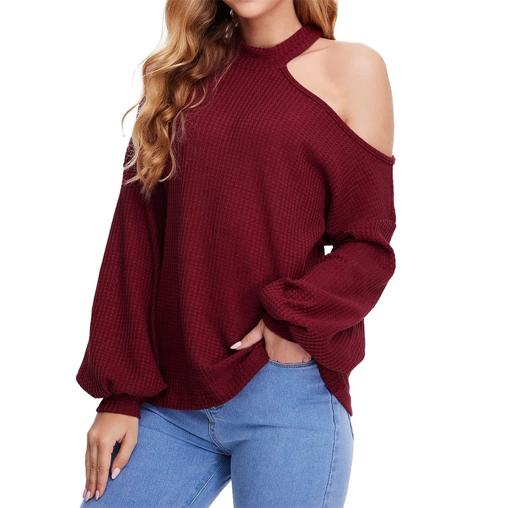 

Женская блузка с открытыми плечами, осень 2022, топы с длинным рукавом, одежда, однотонная женская одежда с рукавами-фонариками, блузы, женские...