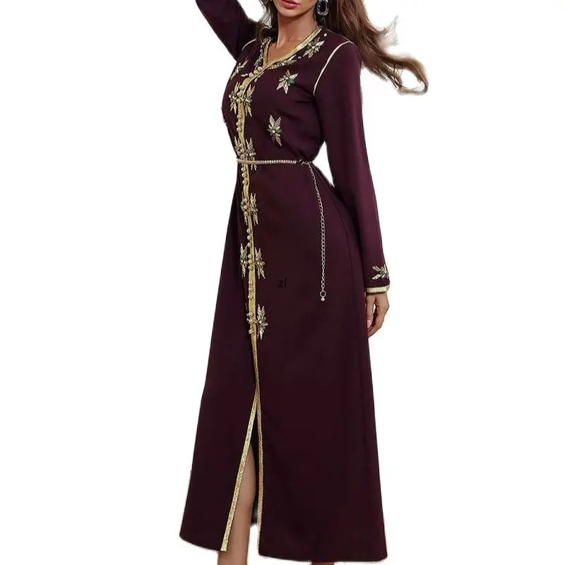 

Women Ladies Maxi Dresses Diamond Belt V-Neck Long Party Dress Dubai Islam Oman Qatar Fashion Muslim Gowns Feminine Clothes