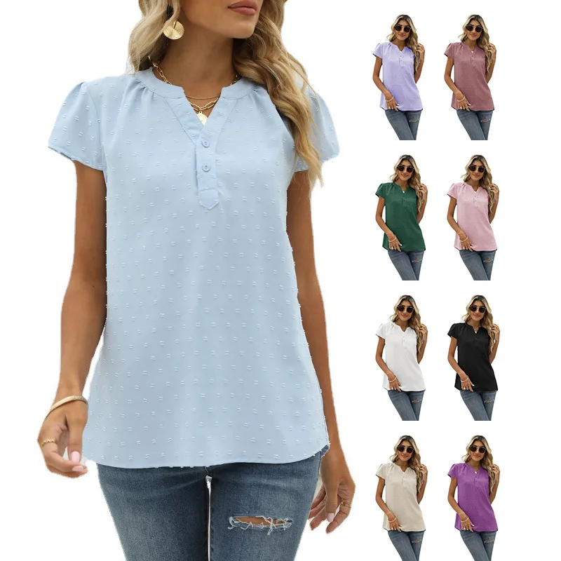 

Women's 2023 Summer New Solid Jacquard Chiffon Shirt Loose V-neck Pullover Short Sleeve Top