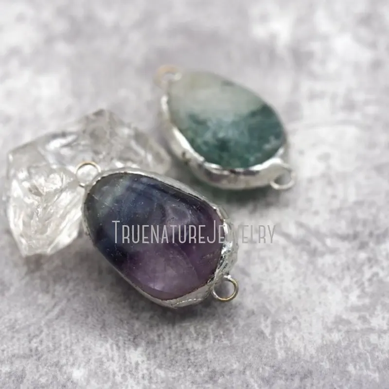 

PC30870 10Pcs Natural Gemstone Fluorite Pendant Soldered Jewelry Solder Free Form Nugget Fluorite Connector 20x34 mm