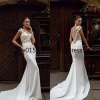 mermaid wedding dresses 2022 jewel neck satin applique pearls wedding dress sweep train vestidos de novia