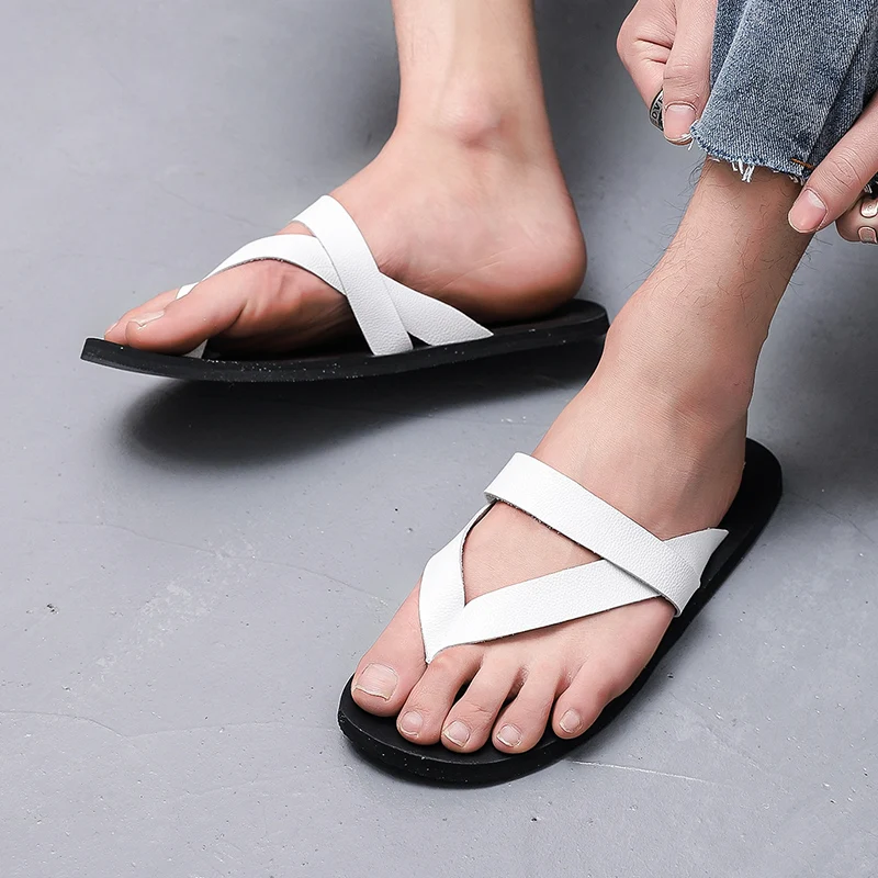 

Шлепанцы мужские, натуральная кожа, летняя пляжная обувь, модные сандалии с открытым носком, без застежек