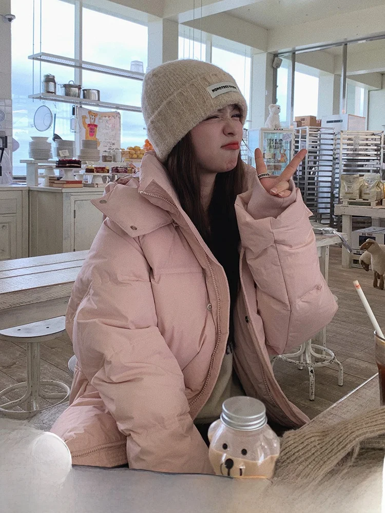 Женский короткий пуховик розовый в Корейском стиле свободный зимнее плотное