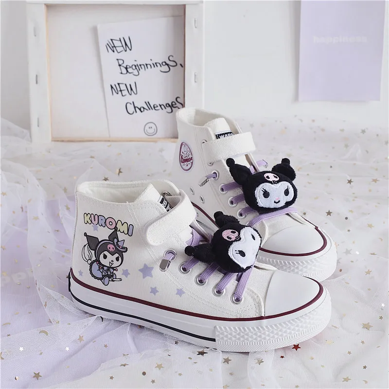 

Sanrios Kuromi Girl Gao Bang Canvas Shoe Anime Kawaii Printing Children Flat Bottom Leisure Time White Shoes Birthday Present