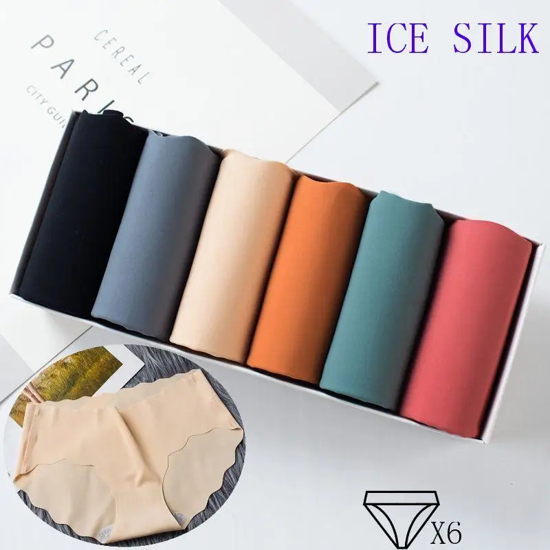 

Seamless Cotton Underwear Women's Sexy Ice Silk Panties Briefs Female Plus Size Lingerie Middle-waist Lace Edge Underpants Solid