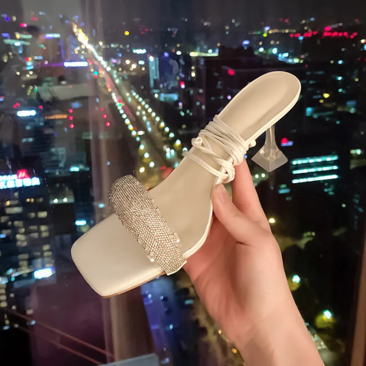 

Luxury Crystal Band Women Beige Sandals Gladiator Ankle Strap Clear High Heels Prom Party Pumps Yellow Lady Sandalias Femininos