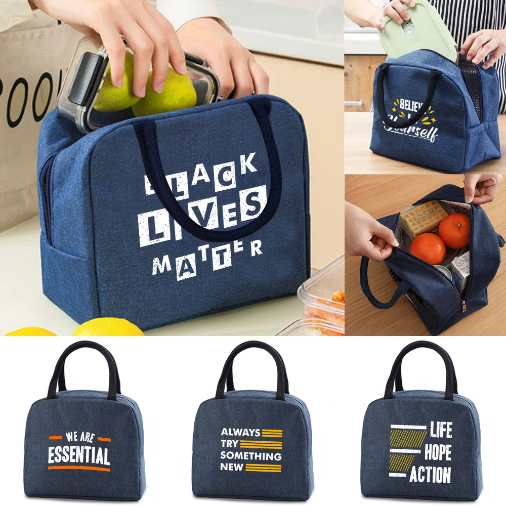 

Lunch Bag Insulated Cooler Bags Kids Food Thermal Lunch Box Women Picnic Portable Canvas Packet Phrase Print Handbag Organizer