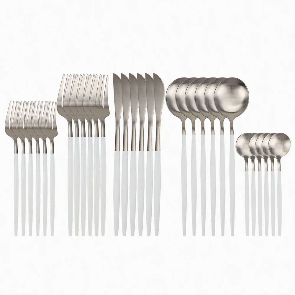 

Matte Dinnerware Set Full Wedding Gift Silver Flatware Creative White Handle High Quality Cutlery Set Kitchenware Dropshipping