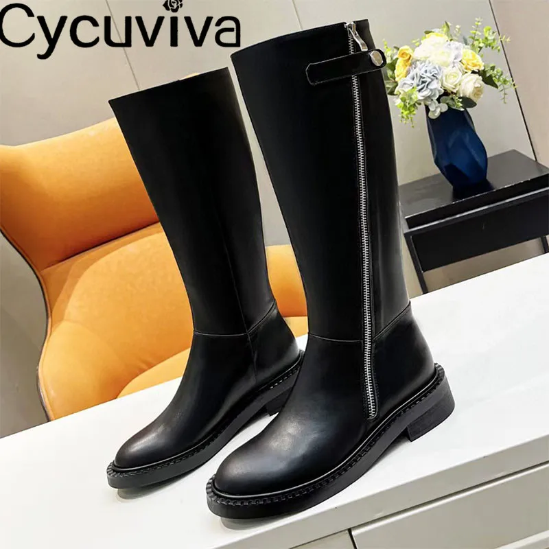 

Женские кожаные сапоги до колена, черные сапоги на плоской подошве, с боковой молнией, на платформе, Повседневные Удобные мотоциклетные сап...