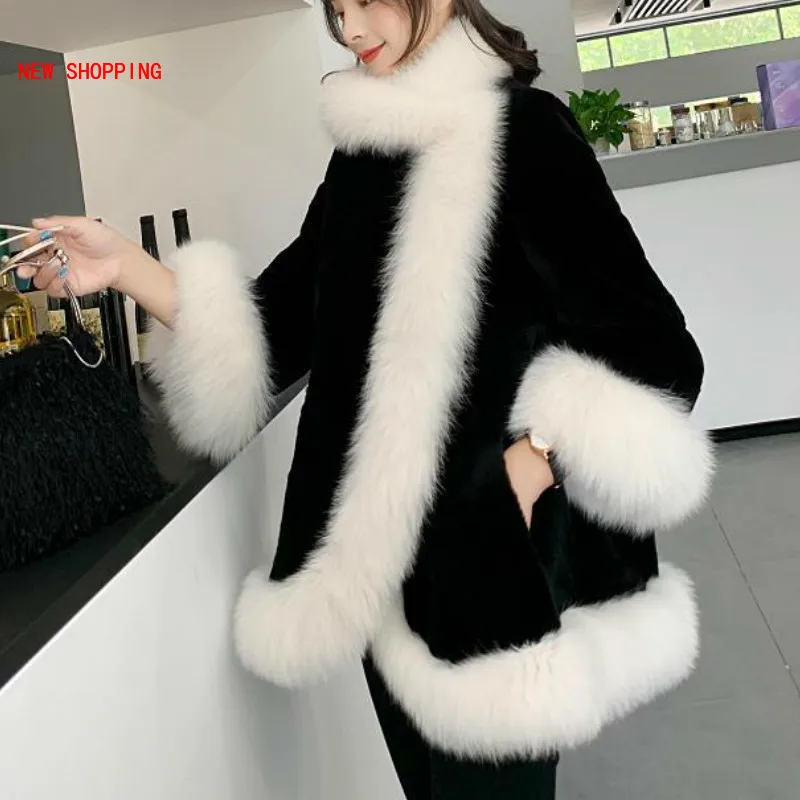Fur Shawl Luxurious Imitation Mink Fur Cape Coat Women Winter Jacket Warm Fur Coats New Velvet Thicken Cloak Black Overcoat 2021