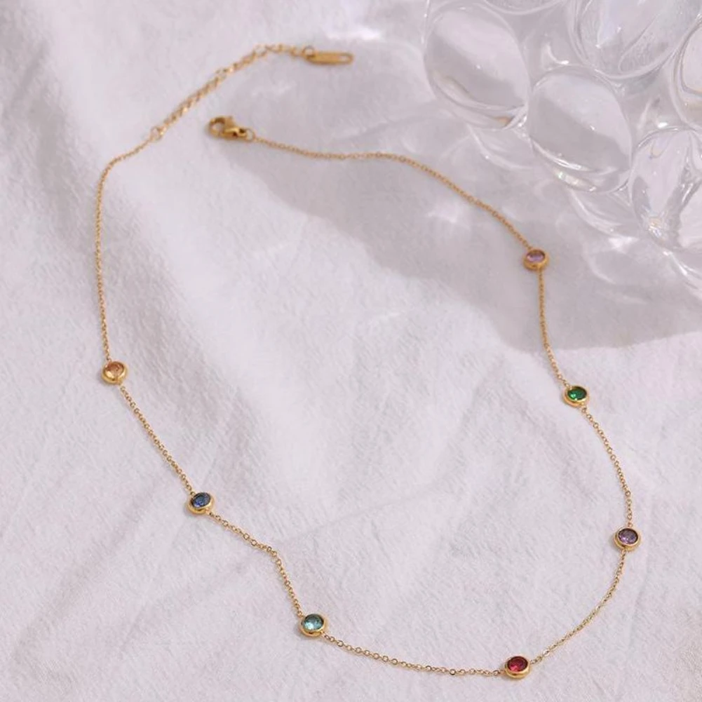 

New Popular Colorful Crystal Zircon Pendant Necklace Stainless Steel Plating 18K Gold Neck Chain For Women Jewelry Party Gift