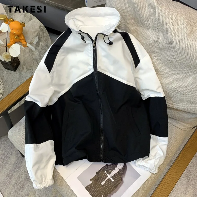 

2023 Winter Sporty Single Breasted Round Neck Patchwork Jacket For Women Young Outerwear Fashion Retro Hoodied Loose Coat