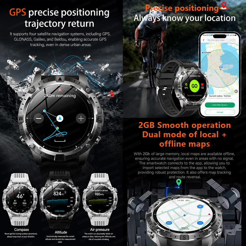 Фото Новые смарт-часы 2026 года с GPS, офлайн-картами, водонепроницаемостью 10ATM, музыкой 2 ГБ, компасом, Bluetooth-звонками, для фитнеса и спорта, мужские №2