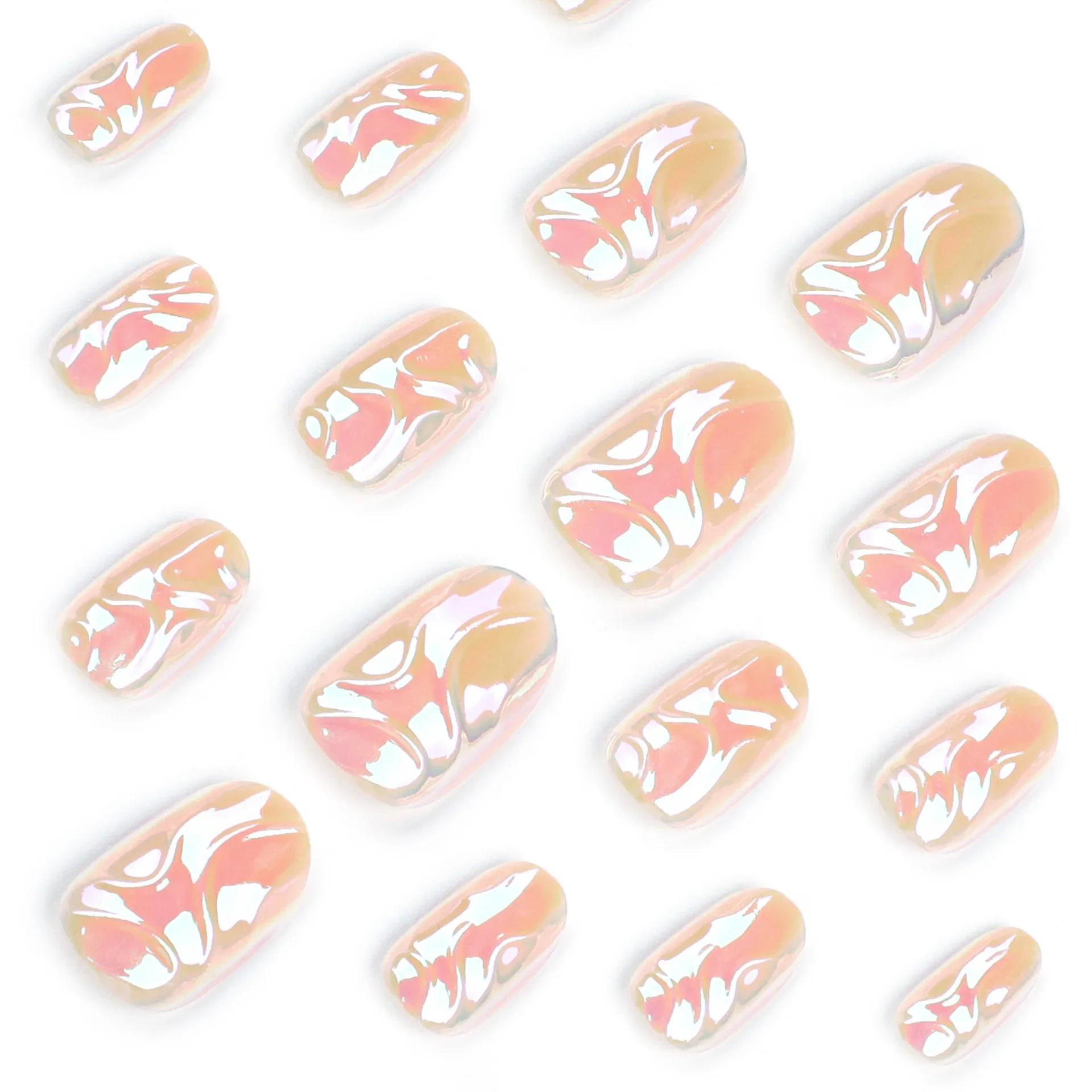 Halo Dyeing Gold Lines Aurora Powder Ripple Глянцевые короткие круглые накладные ногти Нейл-арт