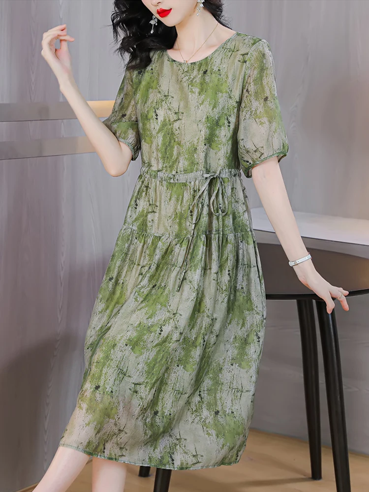 

Summer Casual Midi Prom Vintage Dress For Women Elegant Evening 2023 Fashion Party Festa Luxo Green Korean Short Sleeve Dresses
