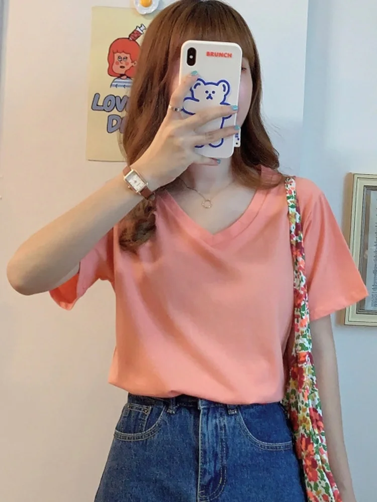 

woman all-match Tee Shirt harajuku solid V-neck T-shirts Summer Women T Shirt korean Casual loose Short Sleeve pink white Tops