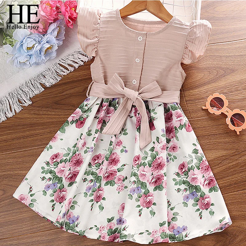 

Summer Toddler Girl clothes Baby beach dress Plant print floral stitching Sleeveless party dress Newborn Princess dress