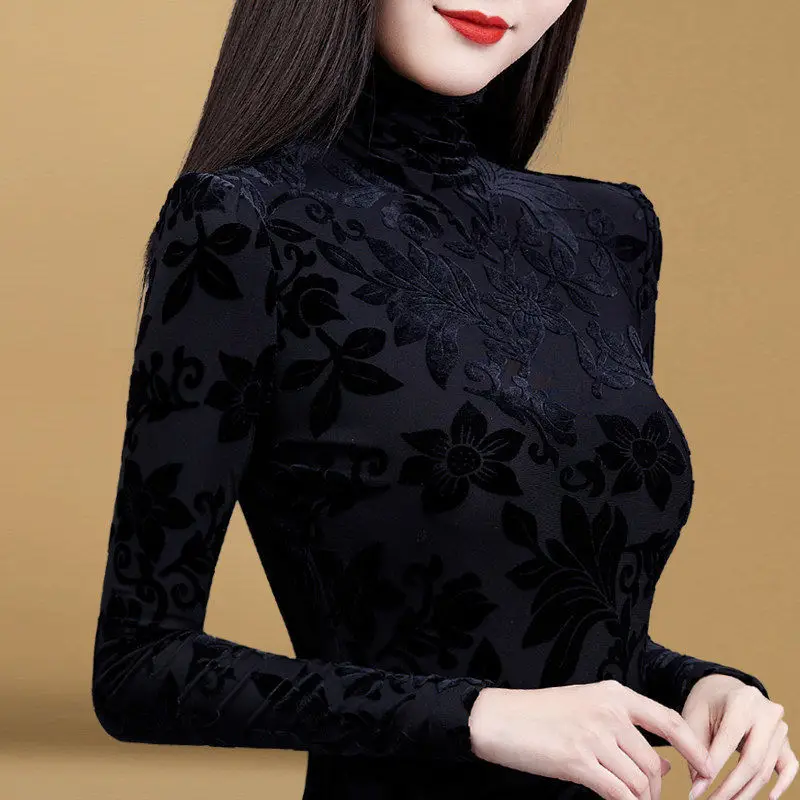 

Black Turtleneck Bottoming Shirt Women's Long Sleeves Spring and Autumn New Plus Velvet Padded Top Tshirt Femme Clothes