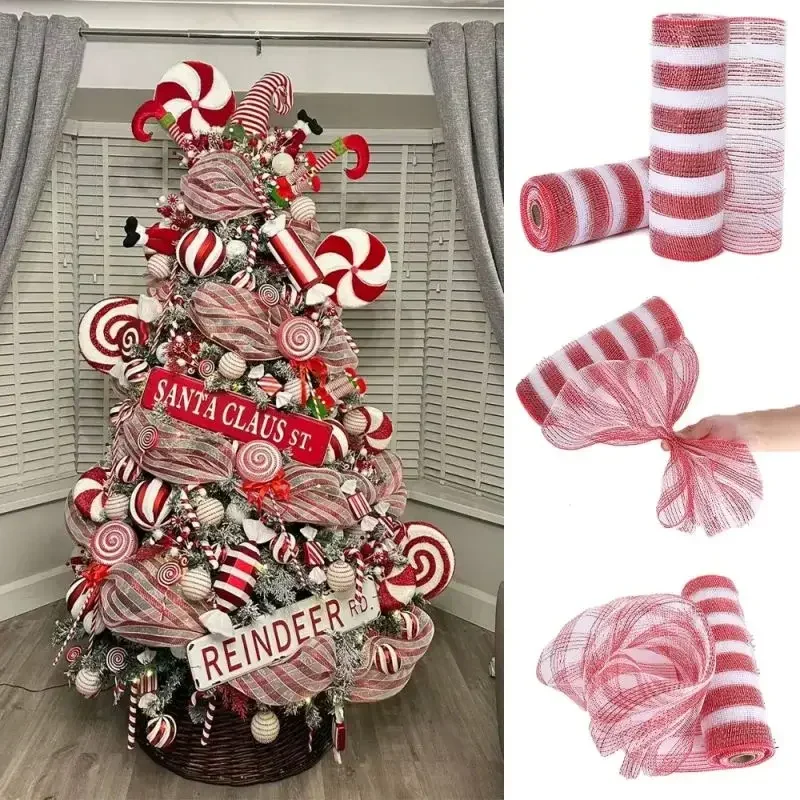 

10yards 26cm Christmas Ribbon Red White Stripe Mesh Ribbon Wedding Party Xmas Decoration Flower Gift Packing Home Decor