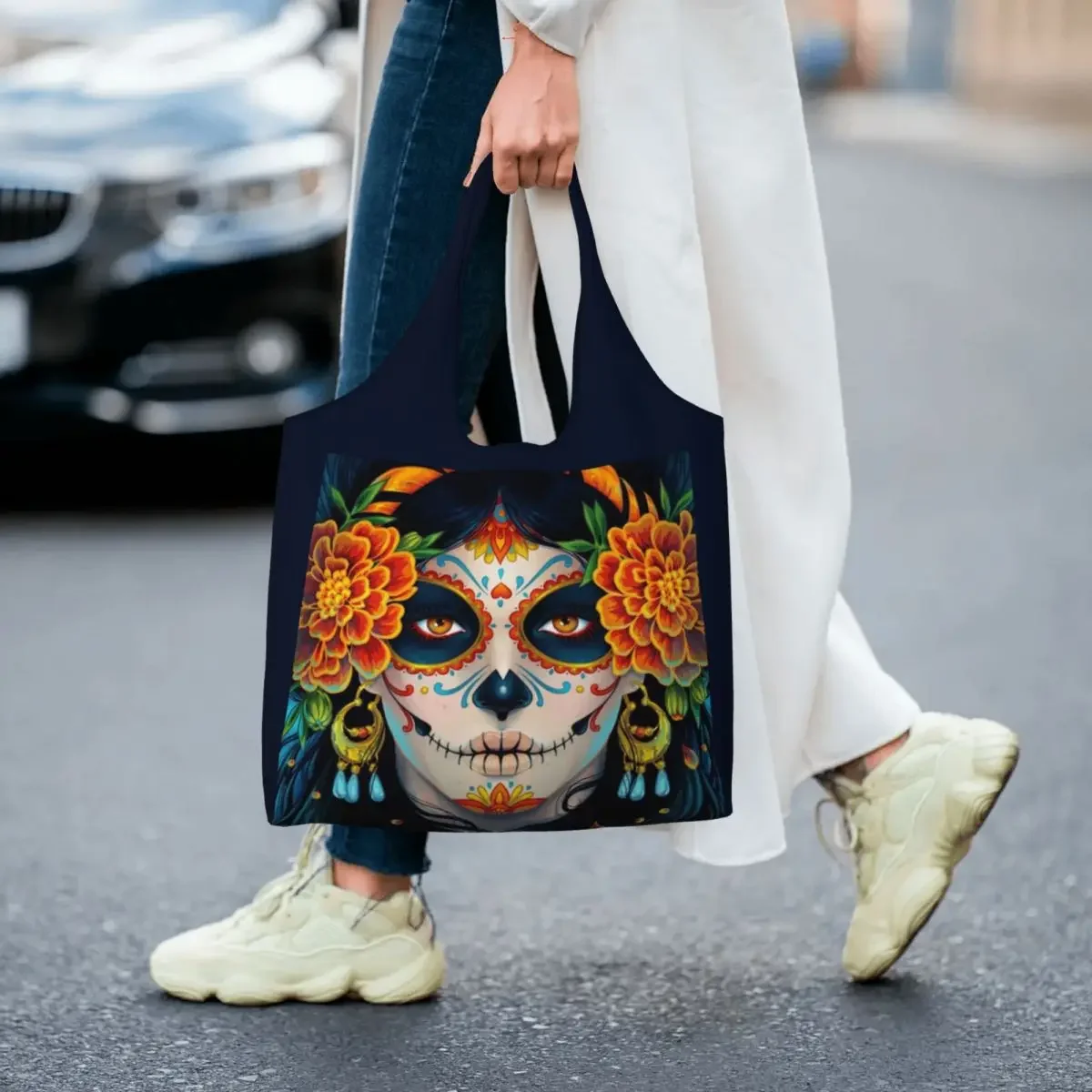Сахарный череп для девочек продуктовые сумки-тоут покупок мексиканские холщовые