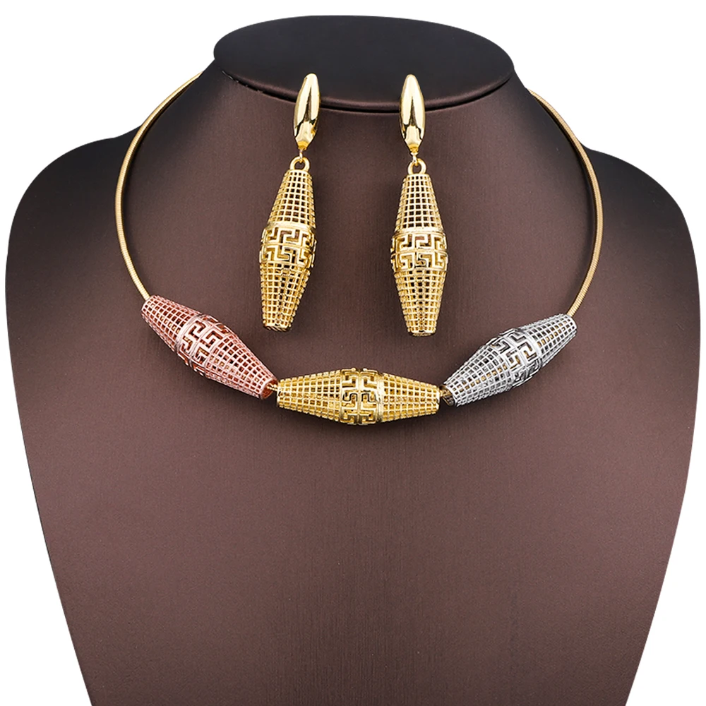 

Bride Dubai Accessories Fashion Unique Design Geometric Hollow Out Shape Pendant Necklace Earrings Colorful Women's Jewelry Set