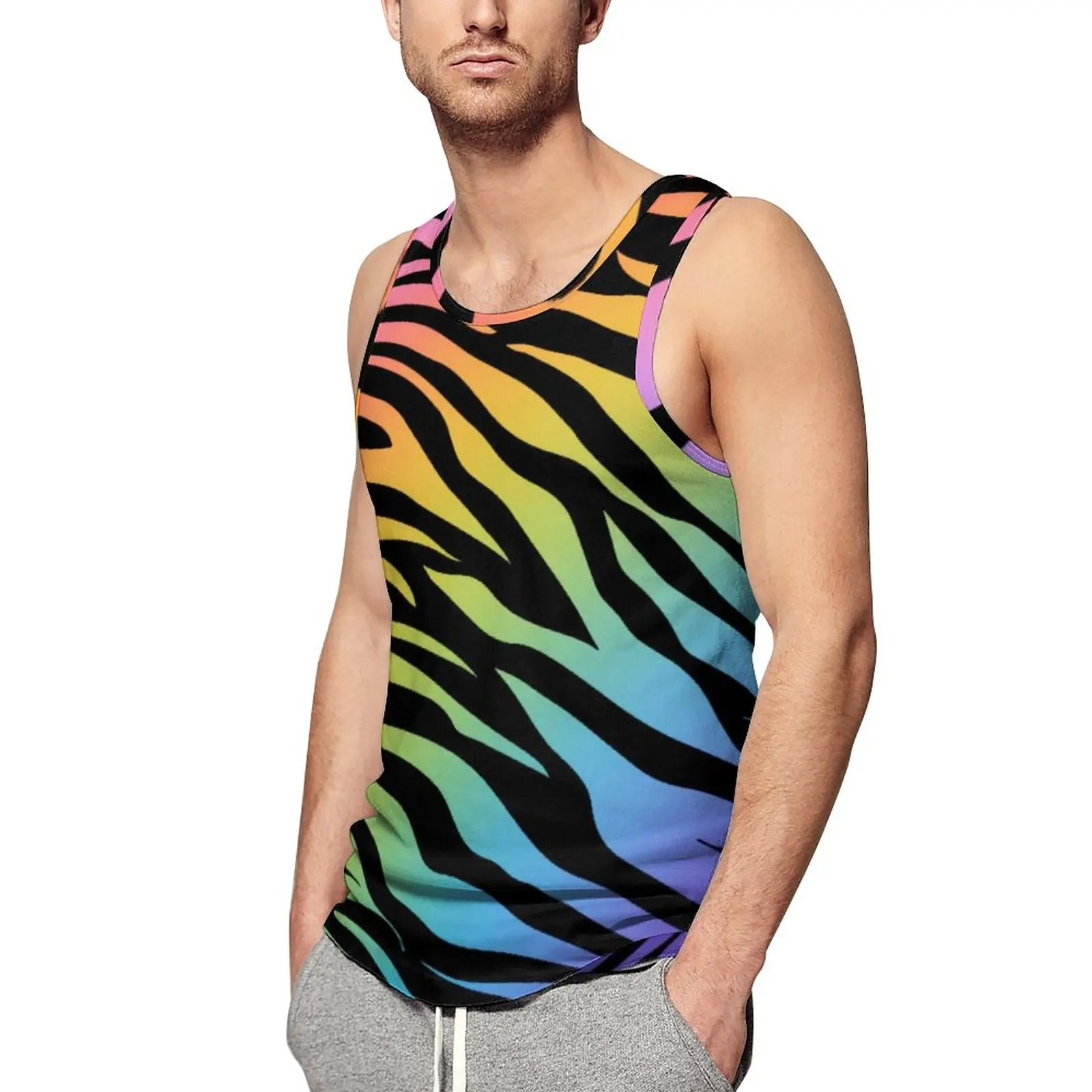 

Zebra Stripes Rainbow Summer Tank Top Animal Gradient Print Gym Tops Mens Design Trendy Sleeveless Vests Plus Size