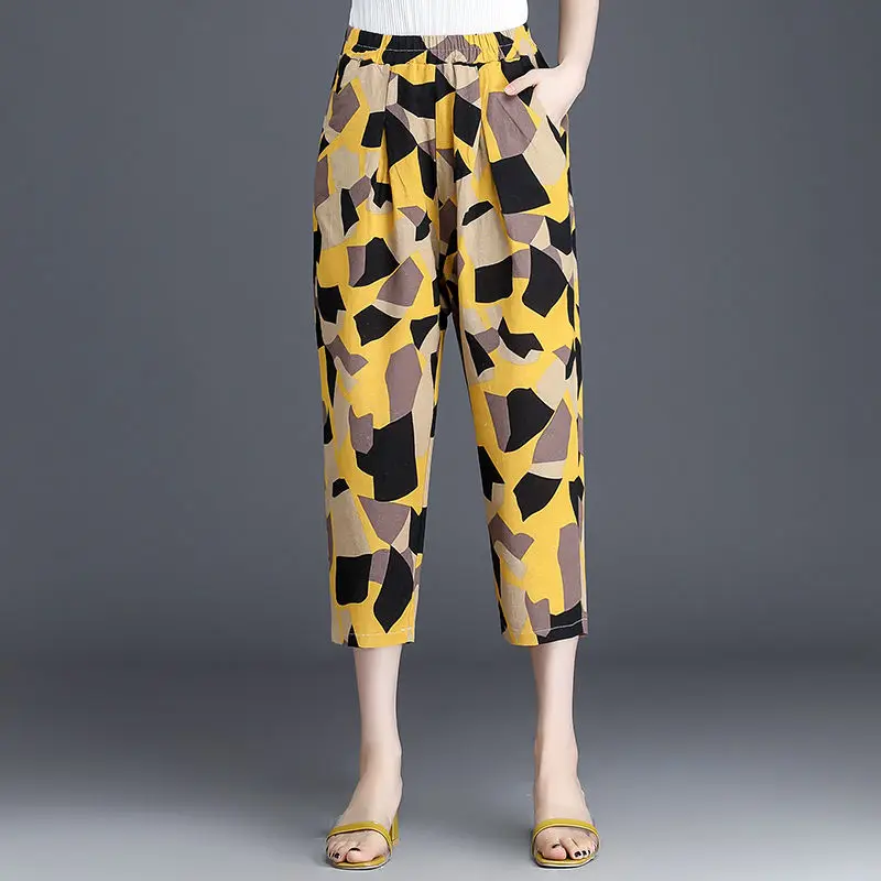 

2022 Women Spring Summer New Loose Middle-aged Mothers Pants Female Casual Harem Pants Ladies High Waist Print Trousers E162