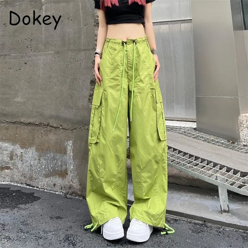 

Винтажные зеленые широкие спортивные брюки Y2k, женские свободные мешковатые брюки-карго с завышенной талией и кулиской, уличная одежда, повседневные джоггеры, штаны Tech