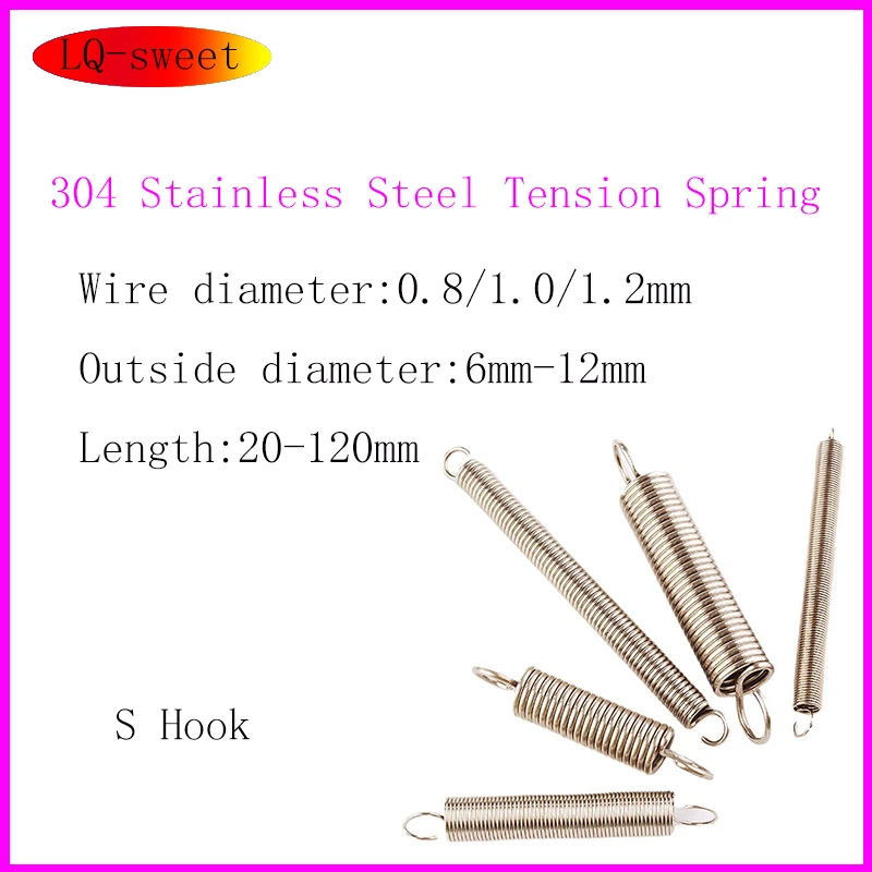 

304 Stainless Steel S Hook Tension Cylindroid Helical Pullback Extension Tension Coil Spring Wire Diameter 0.8mm 1.0mm 1.2mm