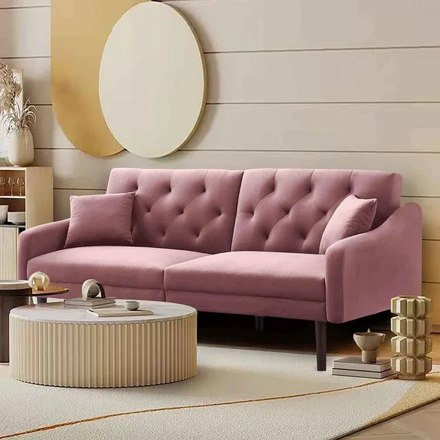 Convertible Sleeper Futon Sofa with 2 Pillows Pink 1