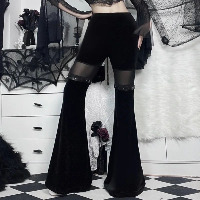 

Gothic Black Mesh Flocking Flared Pants for Women Y2K Vintage Aesthetic See Through High Waist Long Trousers Velvet Summer Pants